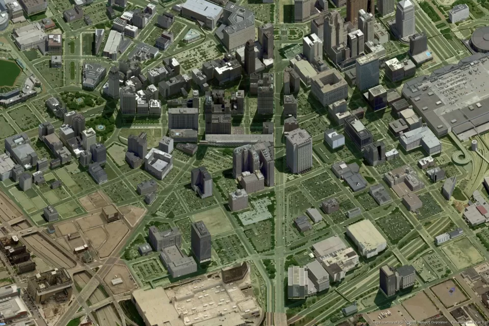 aerial view of downtown detroit showing lots of parking lots
